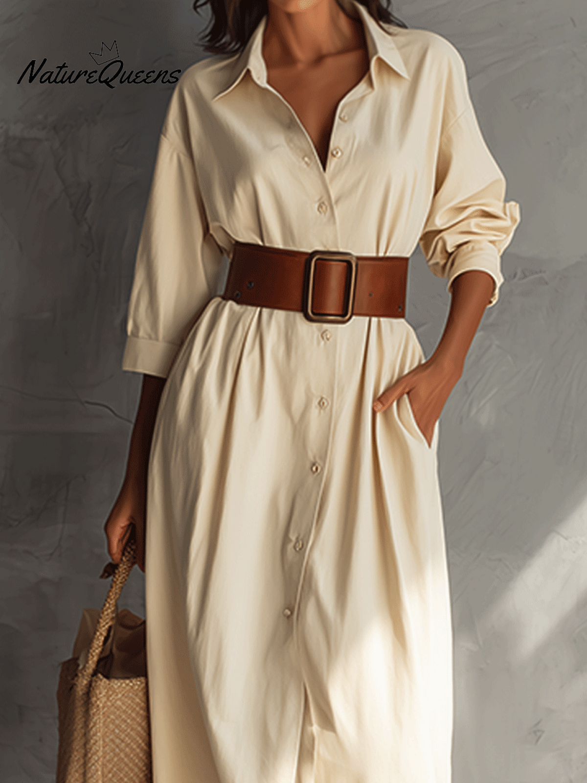 Casual Cream Tie Shirt Maxi Dress