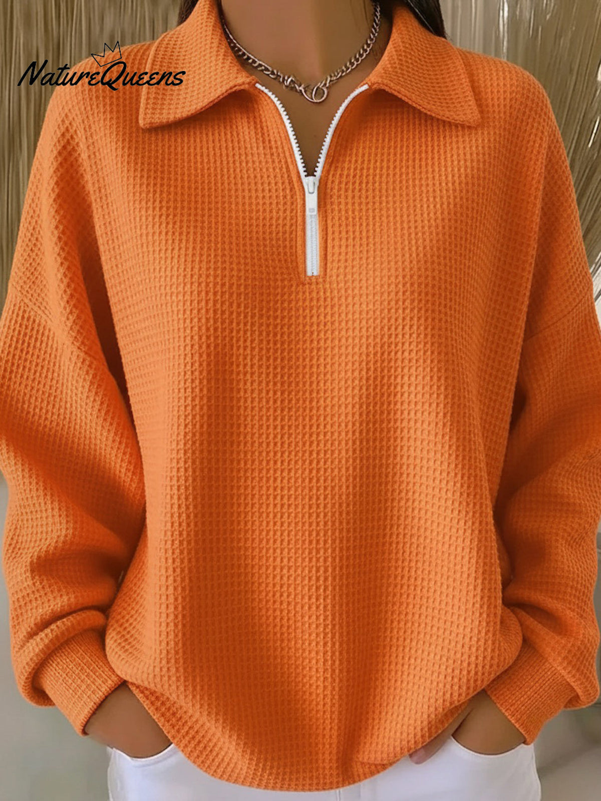 Women's Casual Polo Zipper Waffle Top Sweatshirt
