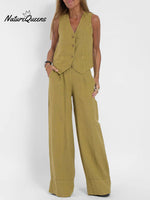Women's Fashion Solid Color Vest Trousers Collage Stitching Cotton and Linen Casual Suit