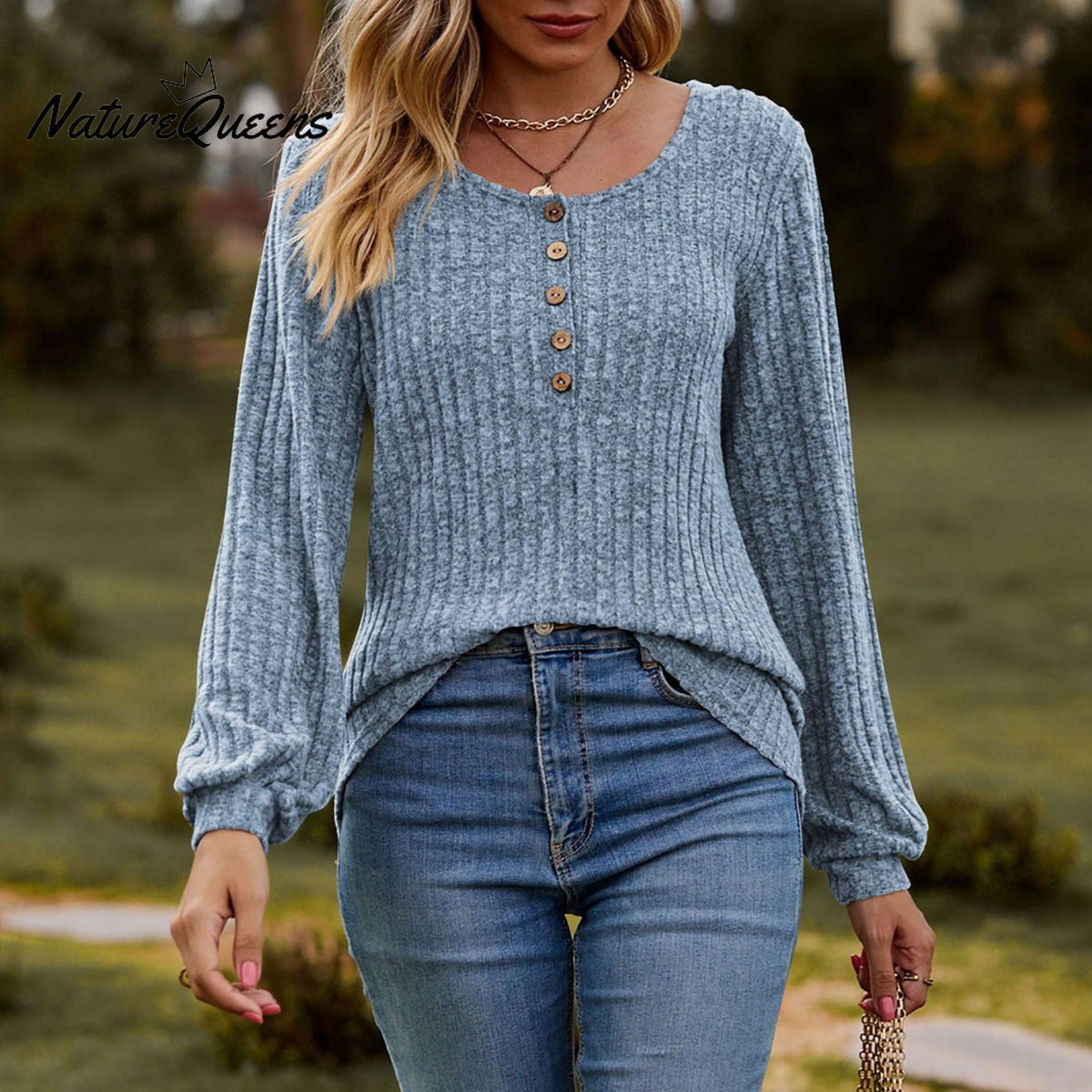 Women's Fall Button Scoop Neck Puff Long Sleeve Henley Shirts