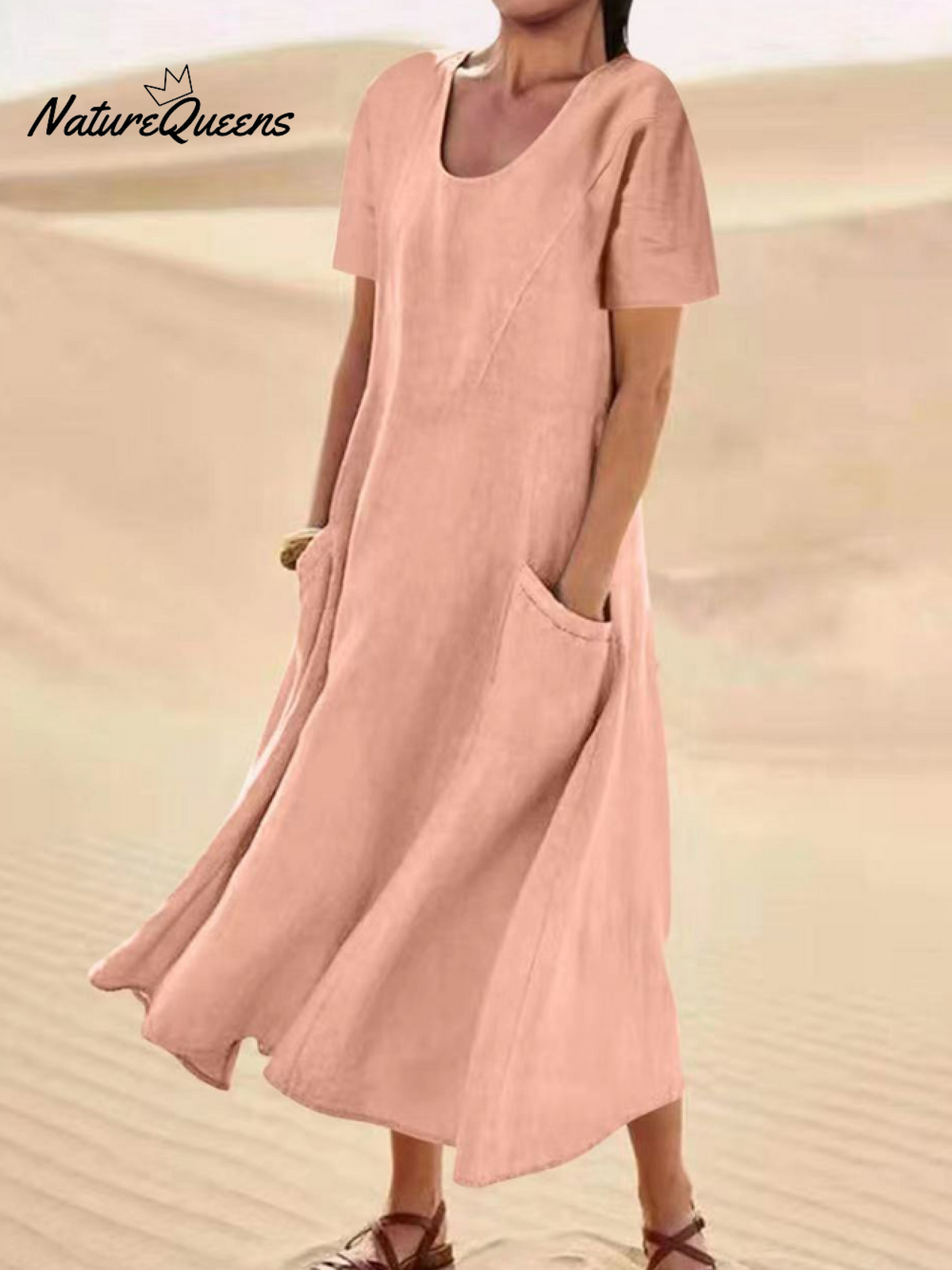 Jfn Cotton & Linen Solid Color Loose Casual Pocket Dress Pink / S(6 - 8)