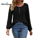 Women's Fall Button Scoop Neck Puff Long Sleeve Henley Shirts