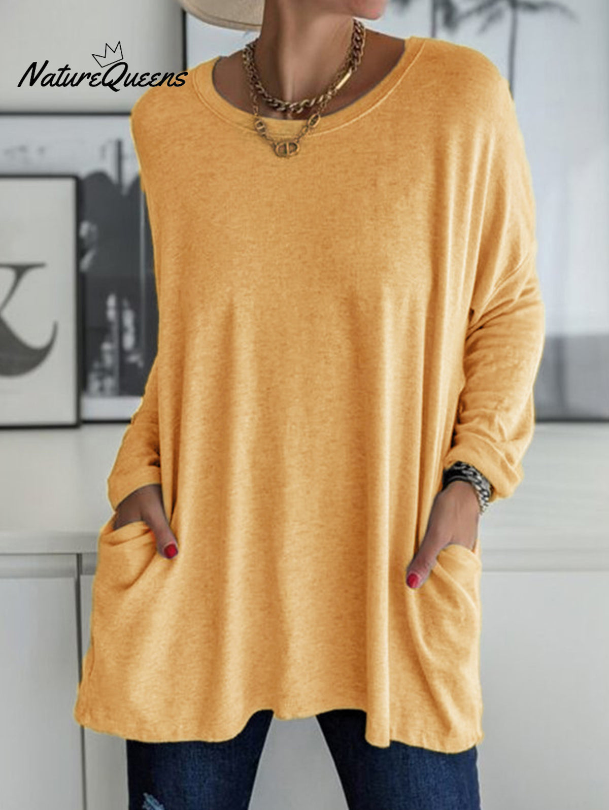 Casual Crew Neck With Pockets Loose Long Sleeve Blouse Orange / S