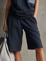 Casual Retro Denim Patchwork Navy Blue Short-sleeved Sweatshirt And Shorts Set