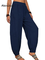 Casual Plain Loose Cotton Harem Pants Dark Blue / S