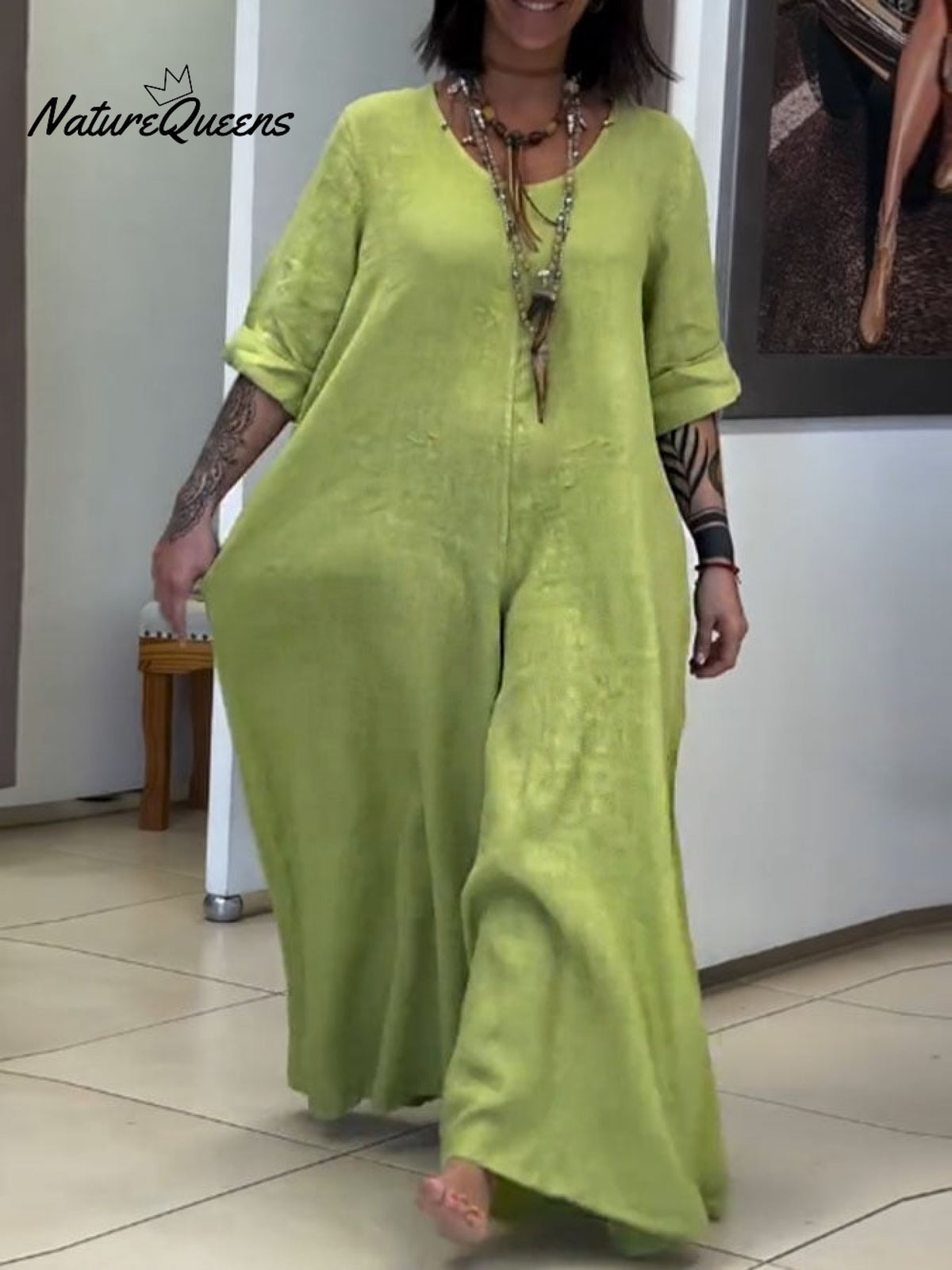 Women's Casual Solid Color V-Neck Mid-Sleeve Cotton and Linen Jumpsuit