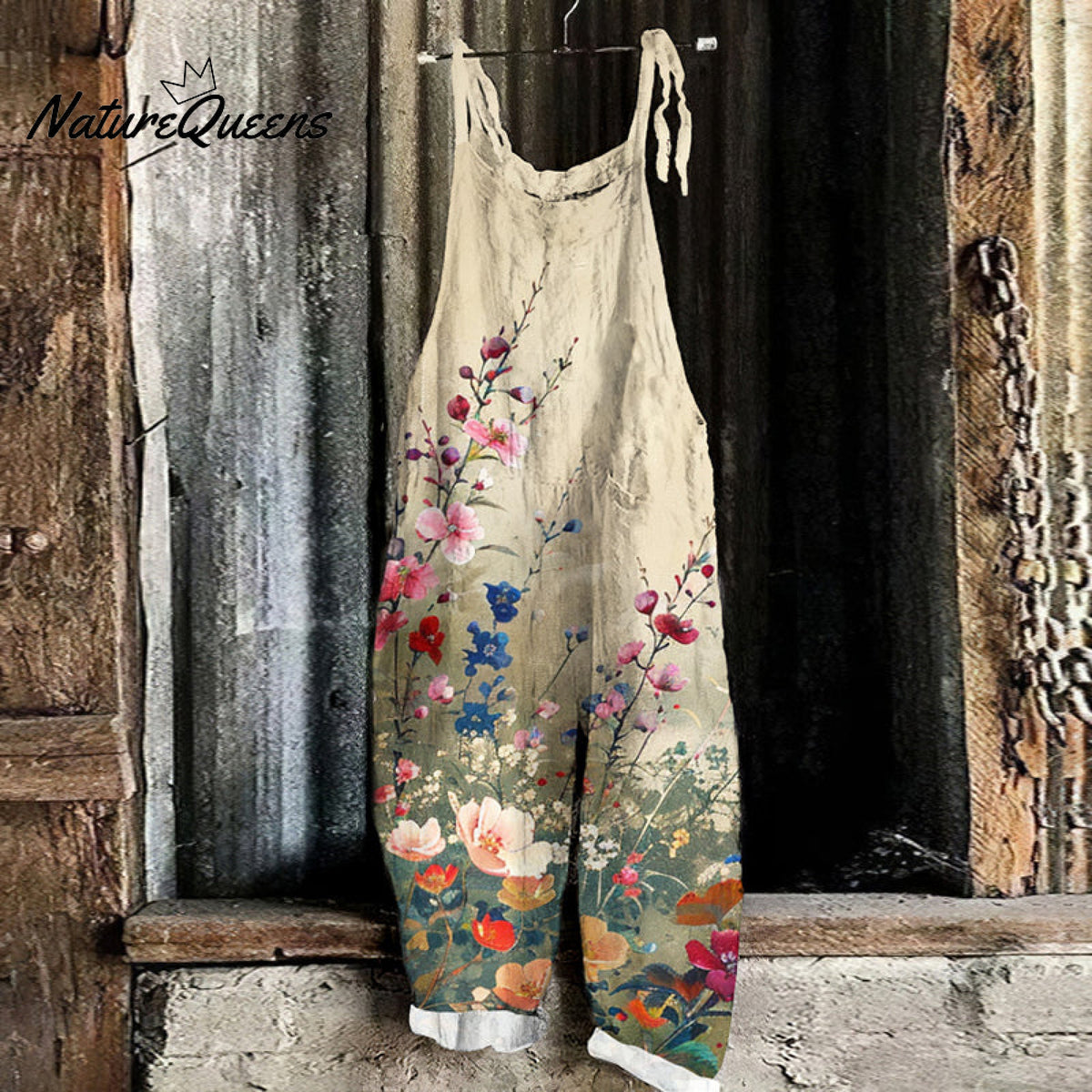 Vintage Flowers ArtPrint Linen Loose Casual Jumpsuit
