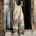 Vintage Flowers ArtPrint Linen Loose Casual Jumpsuit