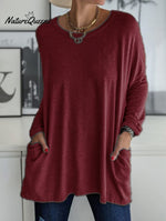 Casual Crew Neck With Pockets Loose Long Sleeve Blouse Claret / S