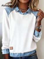 Women'S Casual Lapel Denim Stitching Pullover Sweatshirt