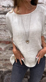 Solid Color Round Neck Half-sleeved Cotton Linen Blouse