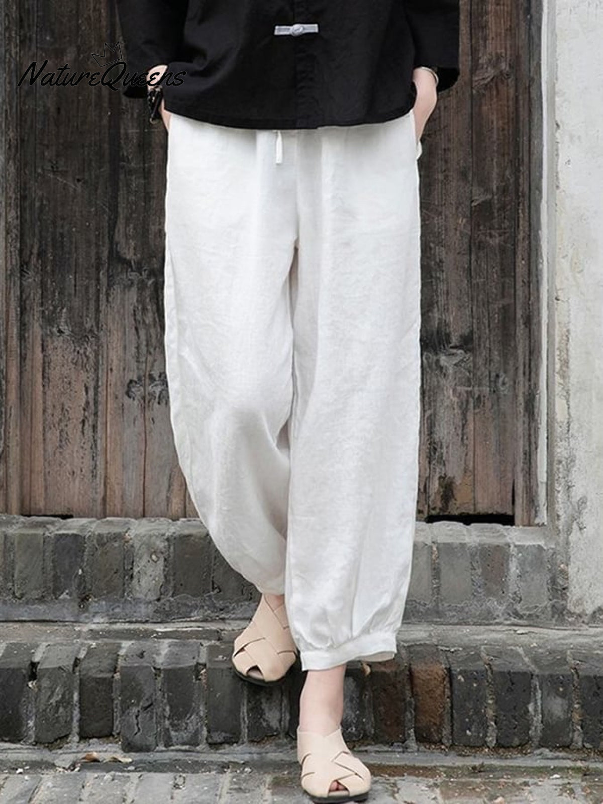 Women's Solid Color Loose Elastic Waist Casual Cotton And Linen Pants