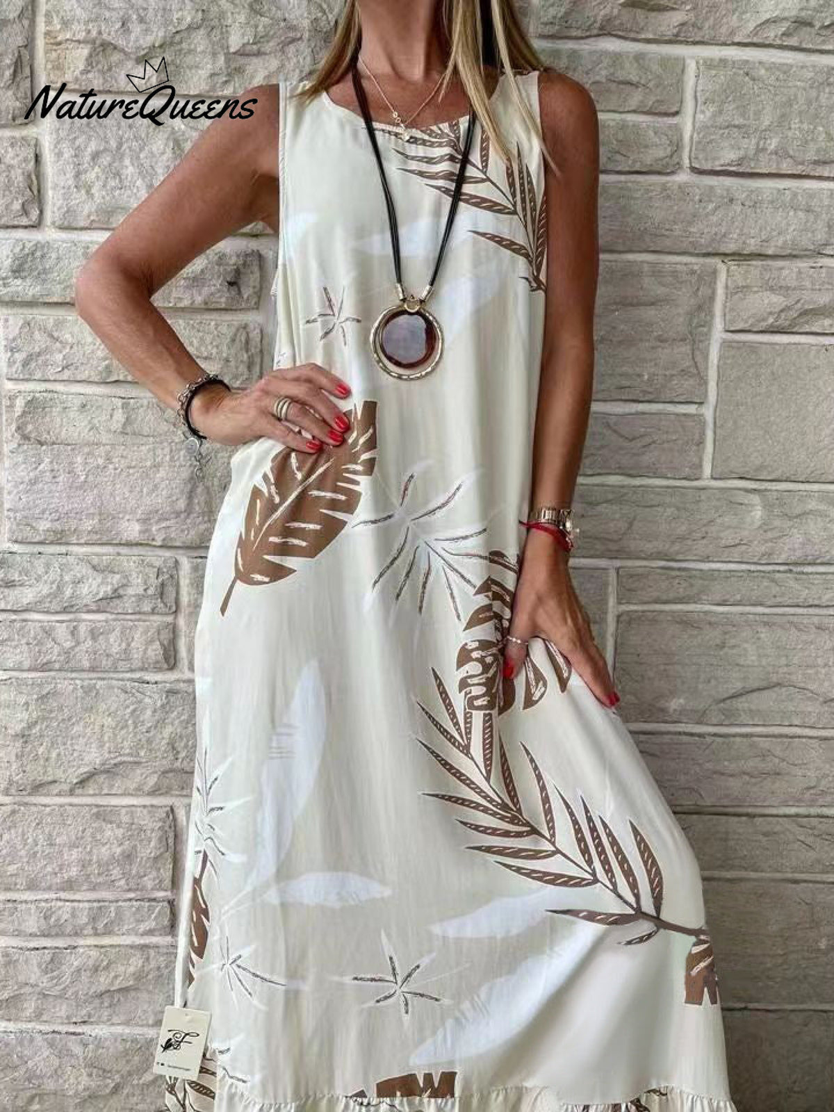 New Round Neck Sleeveless Leaf Print Splicing Personality Insert Pocket Loose Type Temperament