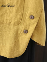 Women’s Solid Color Cotton And Linen Round Neck Button Short Sleeve Irregular Slit At Hem Blouse