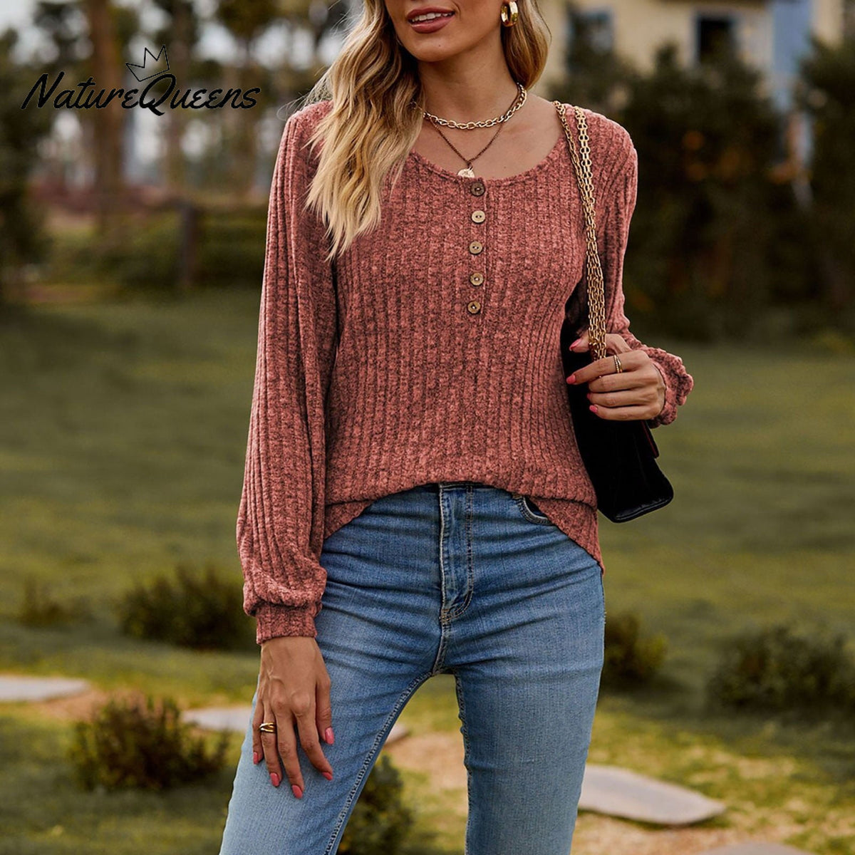 Women's Fall Button Scoop Neck Puff Long Sleeve Henley Shirts
