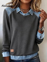 Women'S Casual Lapel Denim Stitching Pullover Sweatshirt
