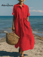 Women's Casual Cotton and Linen Peter Pan Collar Short Sleeve Dress