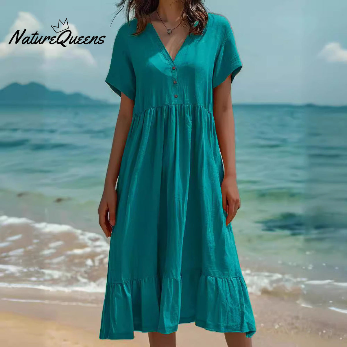 Women's Vintage Cotton and Linen V-Neck Casual Dress