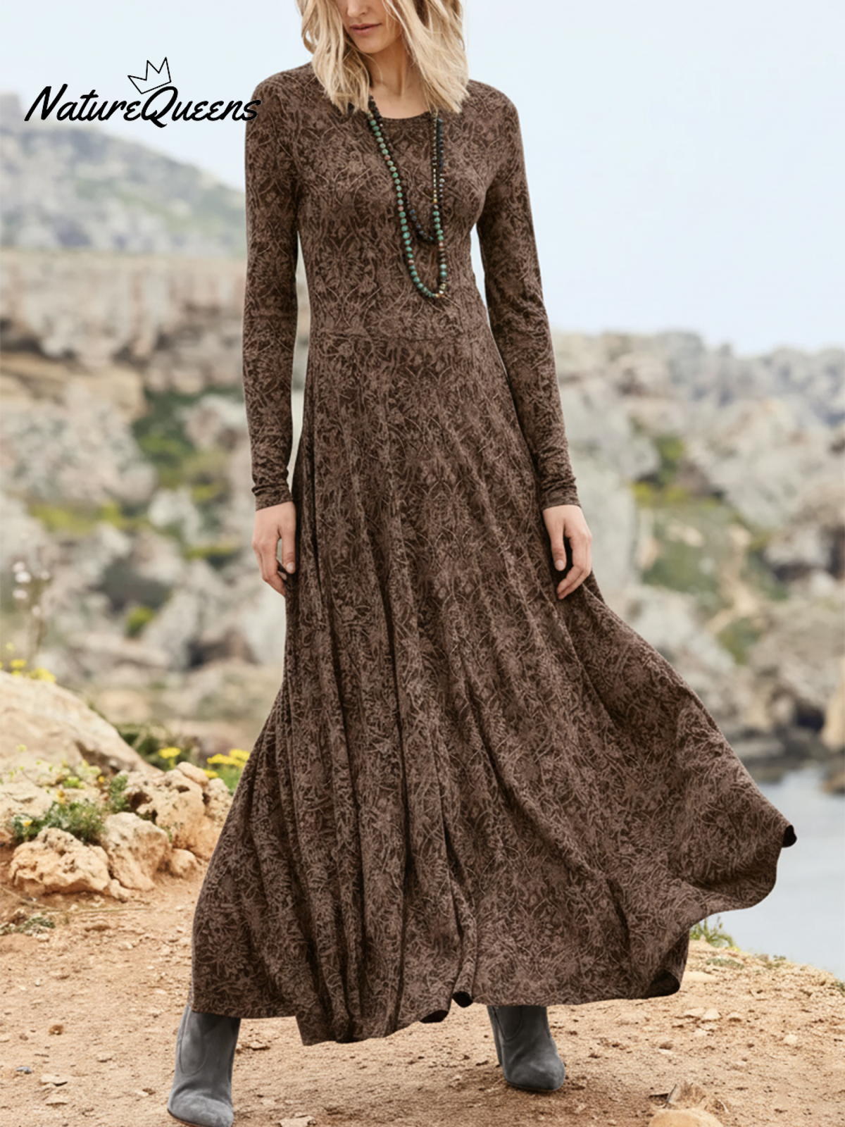 Bohemian Floral Print Crew Neck Stretch-knit Dress