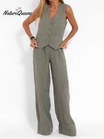 Women's Fashion Solid Color Vest Trousers Collage Stitching Cotton and Linen Casual Suit