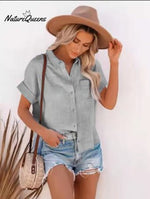 Women’s Cotton Linen Short Sleeves Ladies Lapel Buttoned Shirt Grey / S