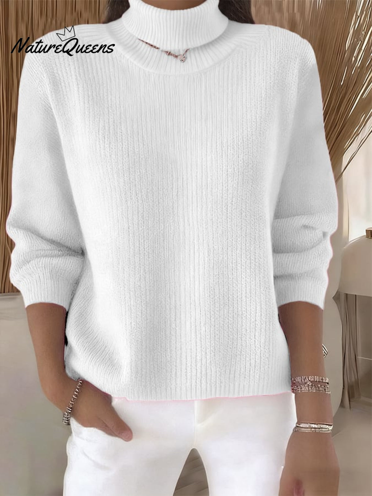 Women's Retro Solid Color Comfortable Print Turtleneck Knit Top