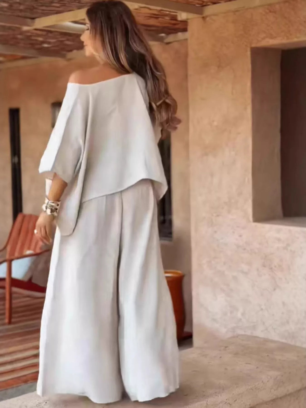 Full Size Boat Neck Top and Wide Leg Pants Set Plus Size