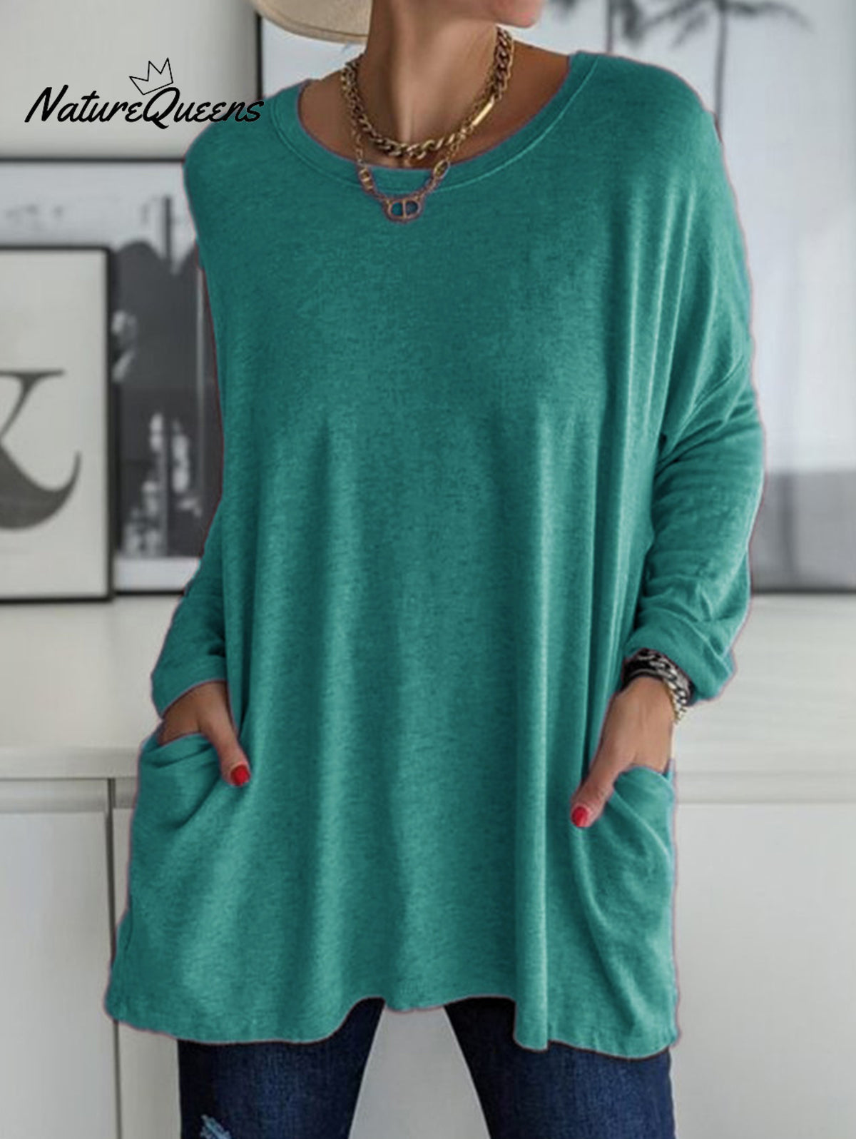 Casual Crew Neck With Pockets Loose Long Sleeve Blouse Peacock Blue / S