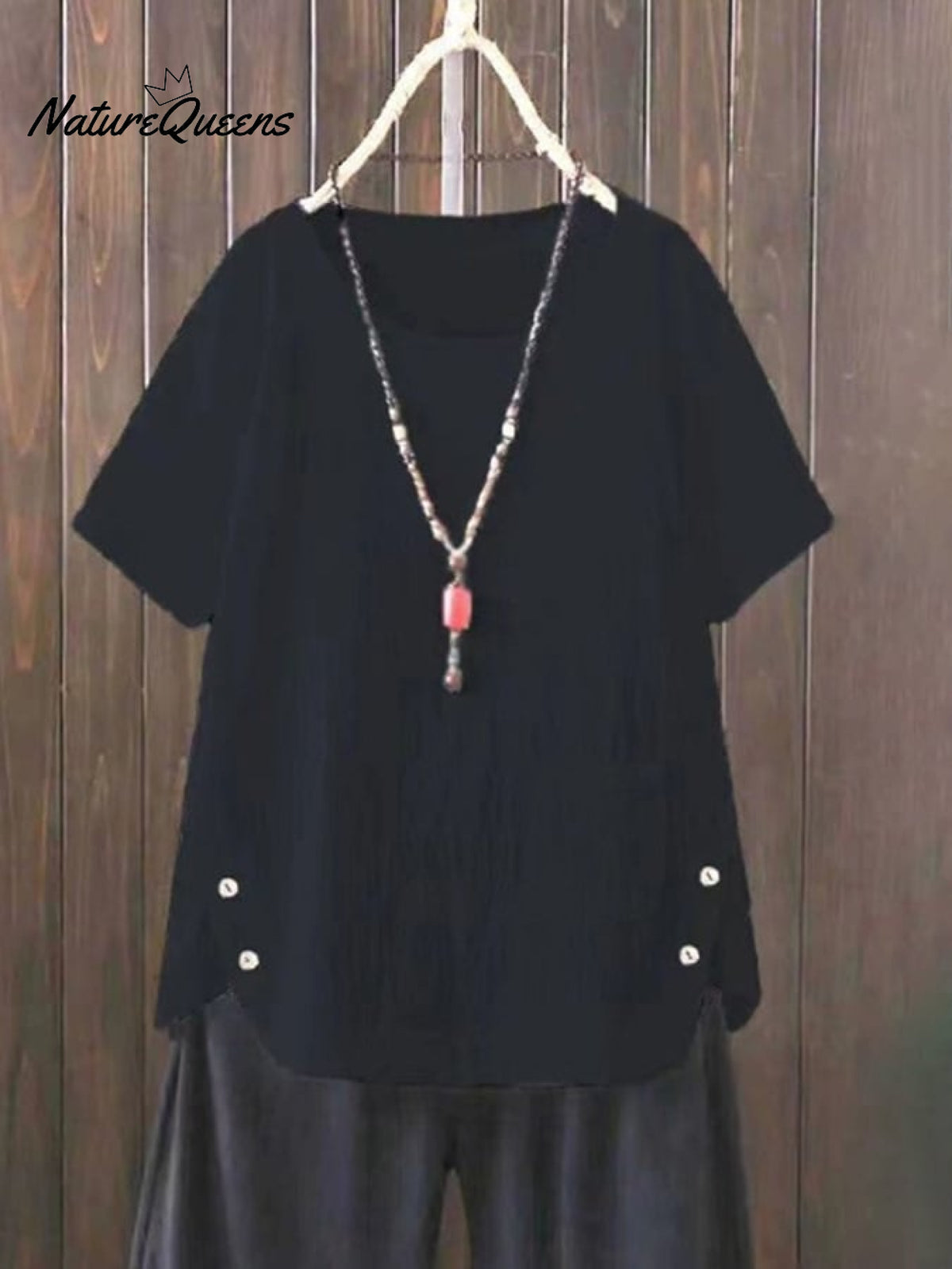 Women’s Solid Color Cotton And Linen Round Neck Button Short Sleeve Irregular Slit At Hem Blouse