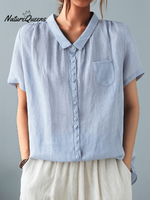 Ladies Casual Cotton And Linen Shirt With Lapel Button Design Blue / M