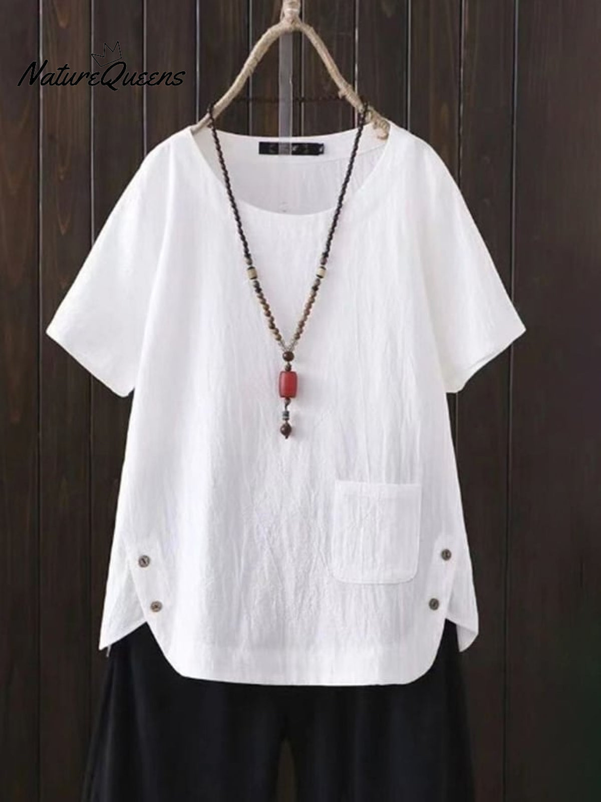 Women’s Solid Color Cotton And Linen Round Neck Button Short Sleeve Irregular Slit At Hem Blouse