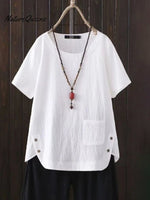 Women’s Solid Color Cotton And Linen Round Neck Button Short Sleeve Irregular Slit At Hem Blouse