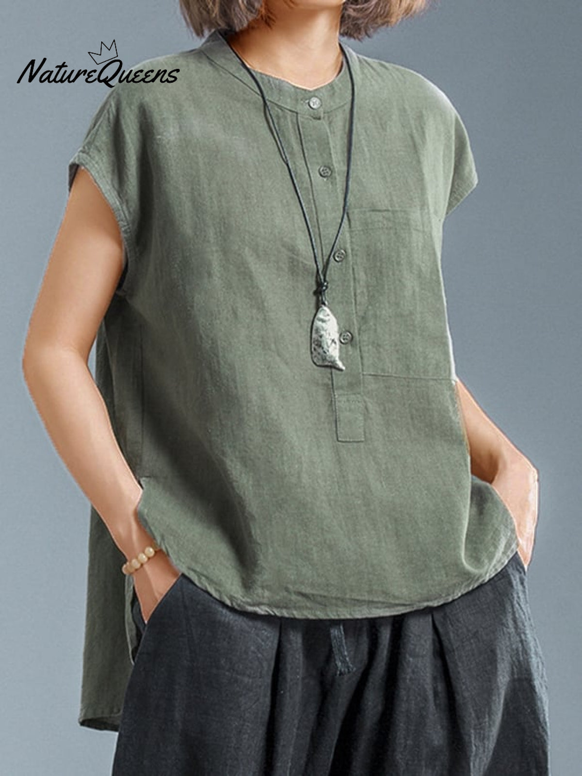 Ladies Casual Sleeveless Shirt With Stand Collar Button Design Army Green / M