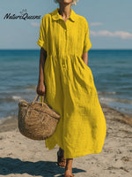 Women's Casual Cotton and Linen Peter Pan Collar Short Sleeve Dress