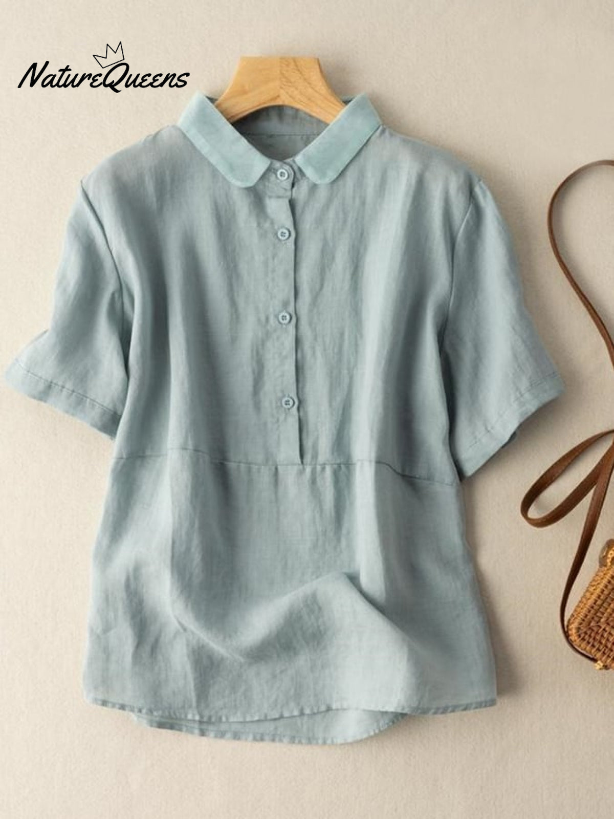 Cotton Solid Color Artistic Retro Loose Short Sleeve Shirt Blue / L