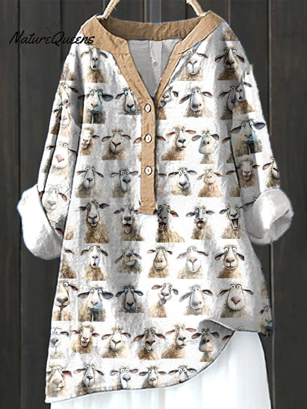 Cute Animal Sheep Print Cotton Linen V-neck Top