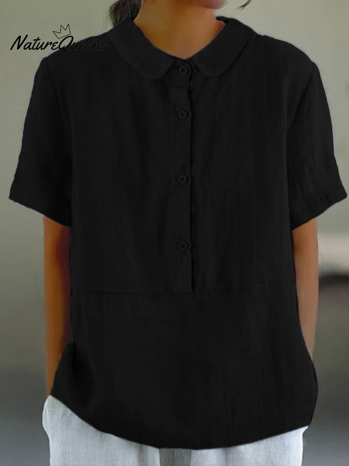 Women’s Solid Color Cotton And Linen Lapel Short Sleeved Casual Blouse Black / M