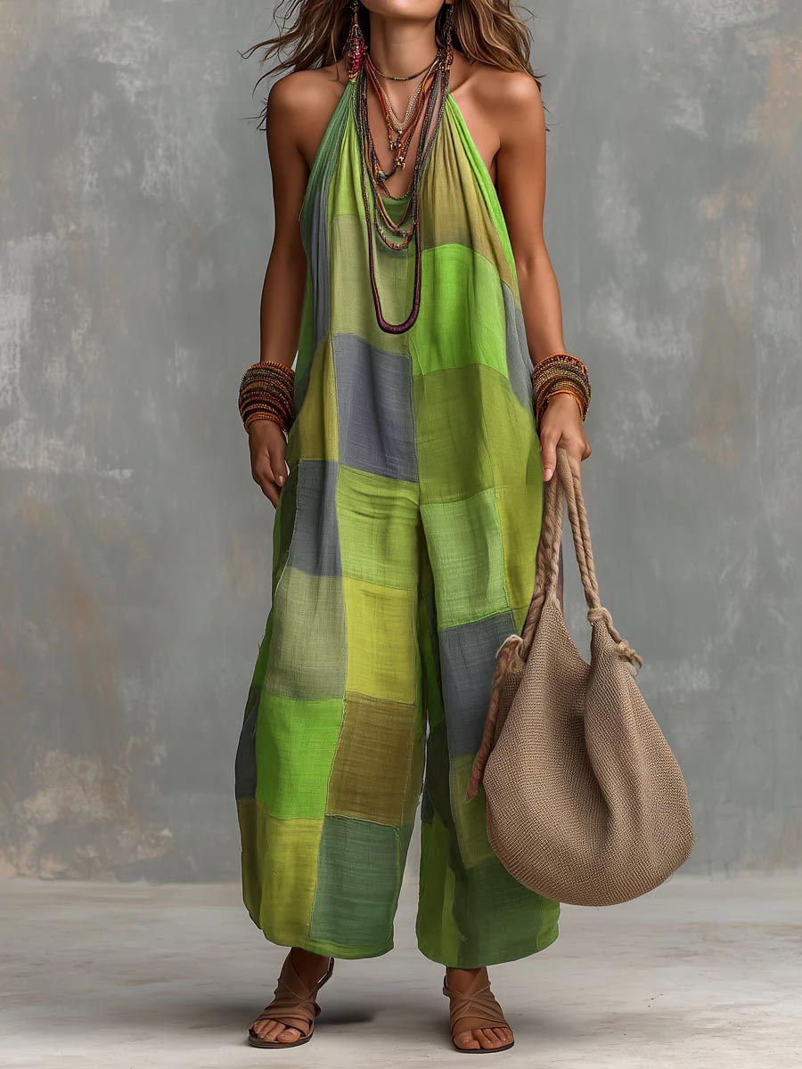 Women's Plaid-print Casual Loose Halter-neck Cotton-linen Wide-leg Jumpsuit