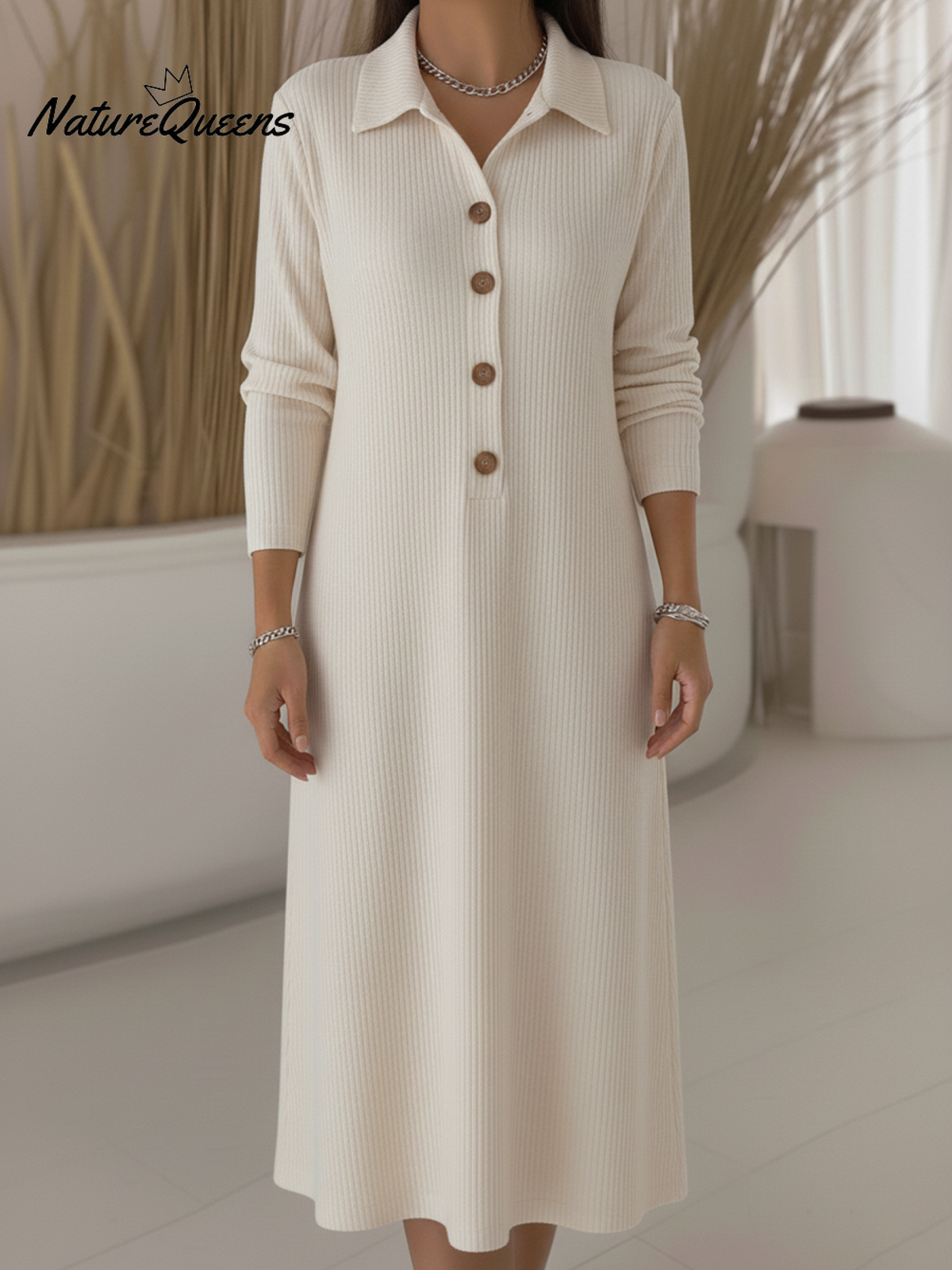 Women's Casual Polo Collar Button Corduroy Midi Dress