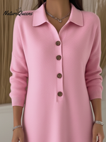 Classic Polo Collar Button Solid Color Knitted Midi Dress