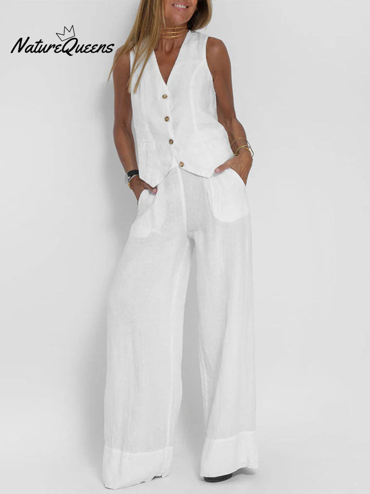 Women's Fashion Solid Color Vest Trousers Collage Stitching Cotton and Linen Casual Suit