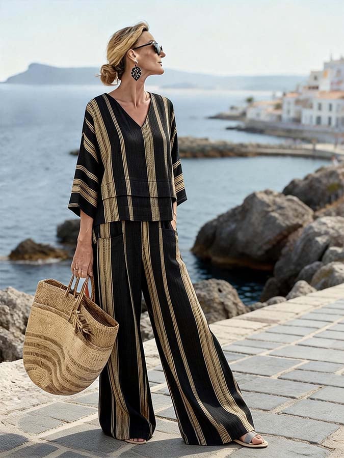 Women'S Casual V-Neck Printed Wide-Leg Pants Set