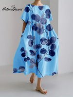 Women’s Retro Botanical Floral Design Printed Casual Loose Dress Blue / S