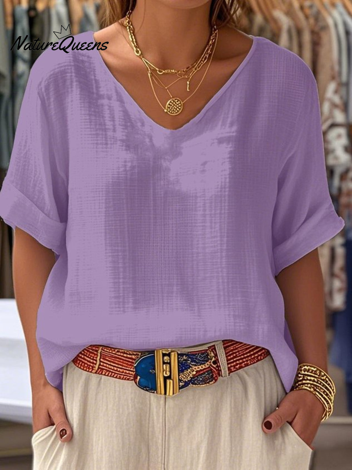 Crew Neck Short Sleeve Plain Regular Loose Tunic Blouse For Women