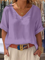 Crew Neck Short Sleeve Plain Regular Loose Tunic Blouse For Women