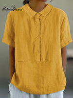 Women’s Solid Color Cotton And Linen Lapel Short Sleeved Casual Blouse Yellow / L