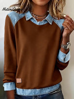 Women'S Casual Lapel Denim Stitching Pullover Sweatshirt