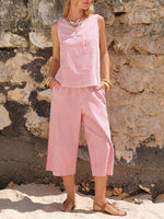 Women'S Round-Neck Striped Sleeveless Top And Capri Pants Two-Piece Set