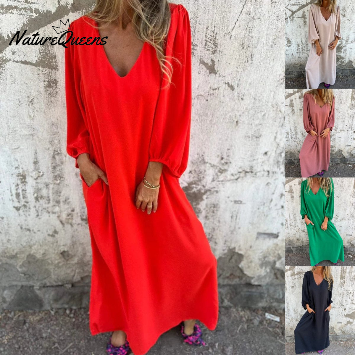 🔥Hot Sale 50% OFF🔥V-neck Solid Color Lantern Sleeve Dress