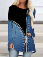 Crew Neck Long Sleeve Denim Pattern Mid-length Blouse